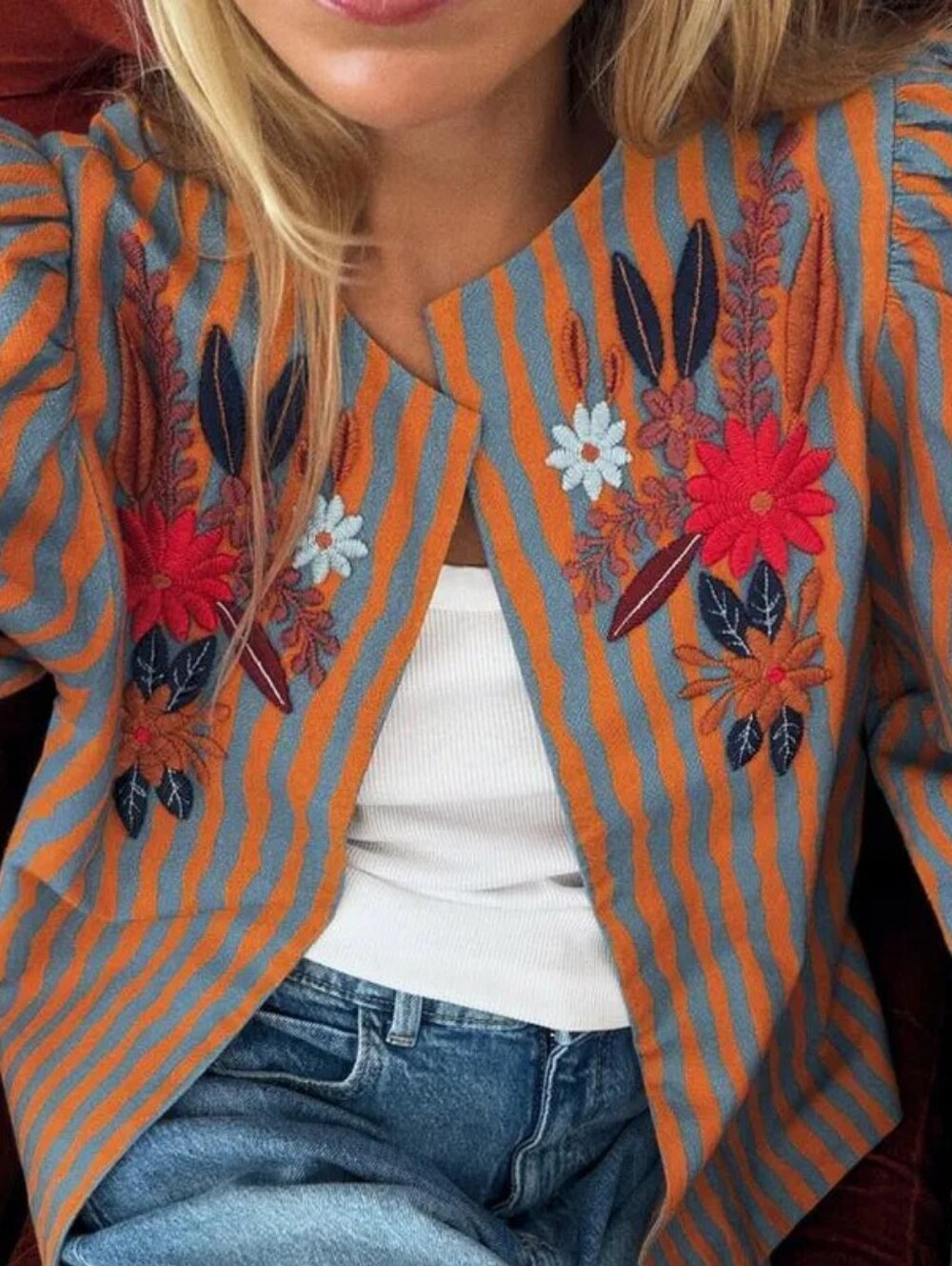 Embroidered Orange & Teal Stripe Women's Jacket - Picture 5 of 12